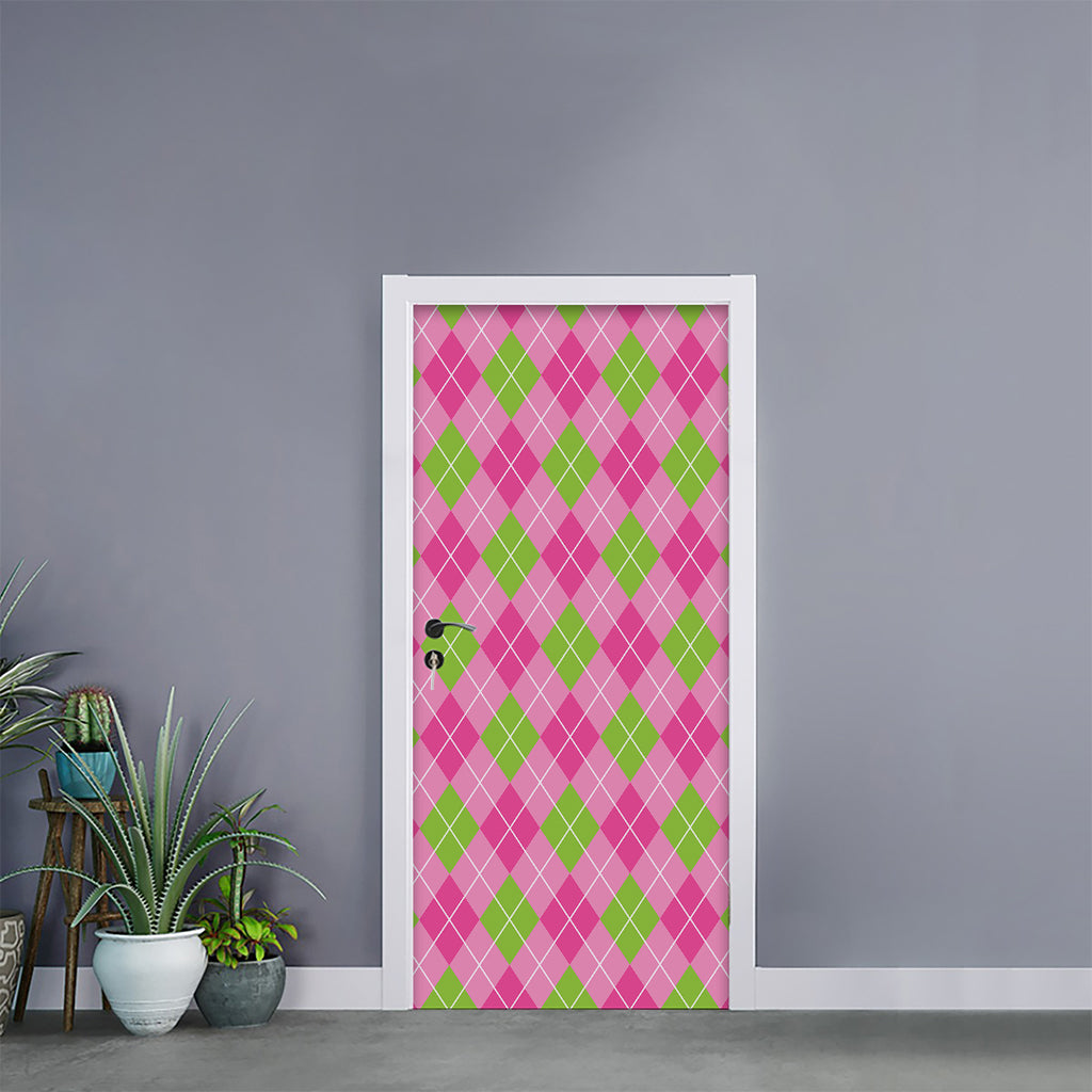 Pink And Green Argyle Pattern Print Door Sticker