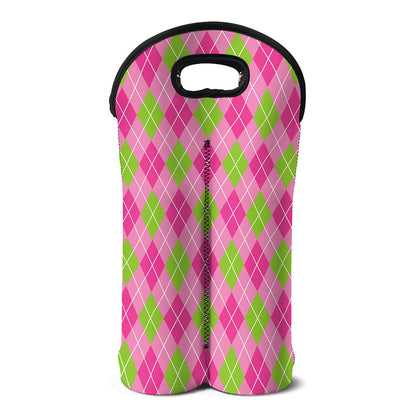 Pink And Green Argyle Pattern Print Double Neoprene Wine Tote