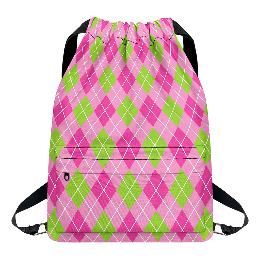 Pink And Green Argyle Pattern Print Drawstring Backpack