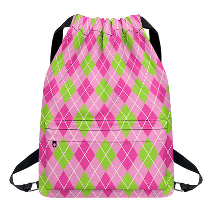 Pink And Green Argyle Pattern Print Drawstring Backpack