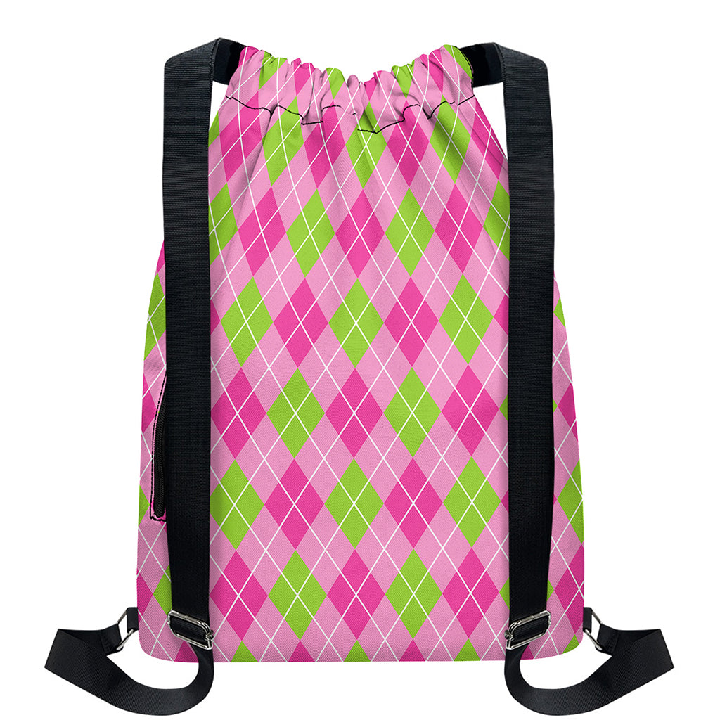 Pink And Green Argyle Pattern Print Drawstring Backpack