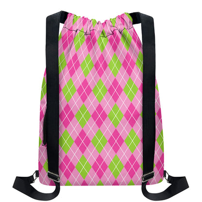 Pink And Green Argyle Pattern Print Drawstring Backpack