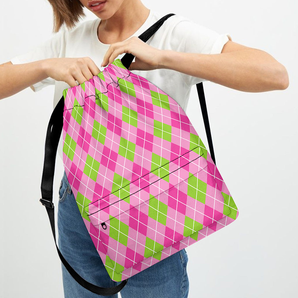 Pink And Green Argyle Pattern Print Drawstring Backpack
