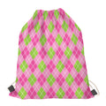 Pink And Green Argyle Pattern Print Drawstring Bag