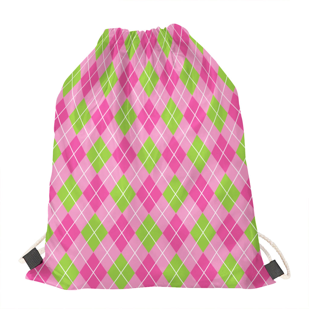 Pink And Green Argyle Pattern Print Drawstring Bag