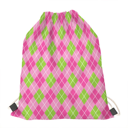 Pink And Green Argyle Pattern Print Drawstring Bag