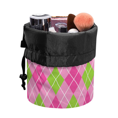 Pink And Green Argyle Pattern Print Drawstring Makeup Bag