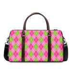 Pink And Green Argyle Pattern Print Duffle Bag