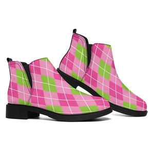 Pink And Green Argyle Pattern Print Flat Ankle Boots