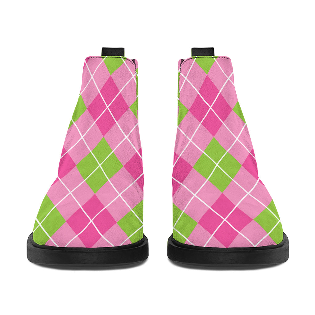 Pink And Green Argyle Pattern Print Flat Ankle Boots