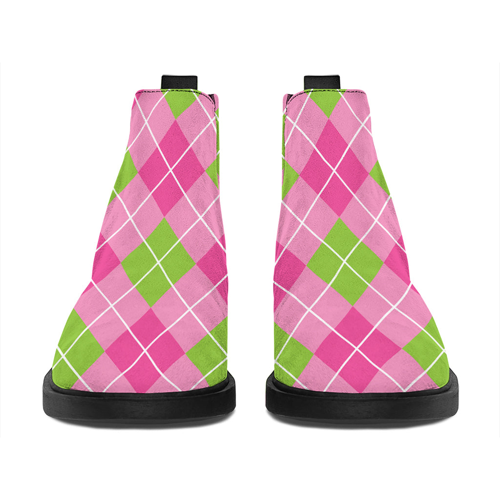 Pink And Green Argyle Pattern Print Flat Ankle Boots