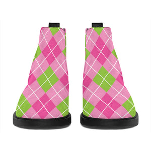 Pink And Green Argyle Pattern Print Flat Ankle Boots