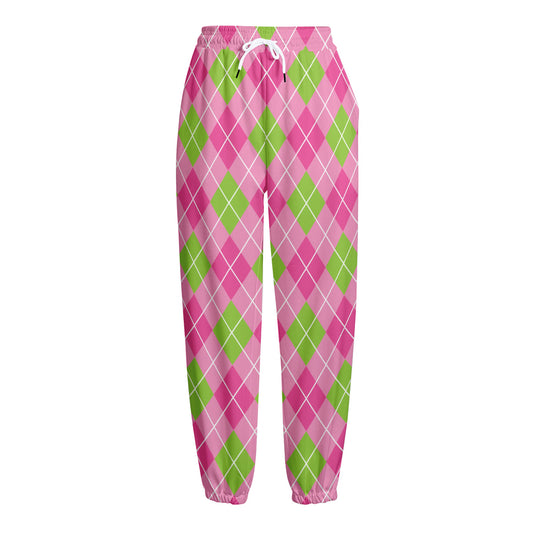 Pink And Green Argyle Pattern Print Fleece Lined Knit Pants