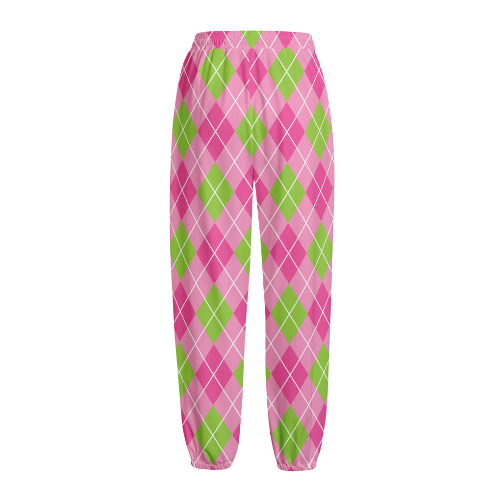 Pink And Green Argyle Pattern Print Fleece Lined Knit Pants