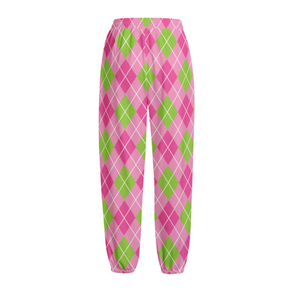 Pink And Green Argyle Pattern Print Fleece Lined Knit Pants