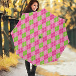 Pink And Green Argyle Pattern Print Foldable Umbrella