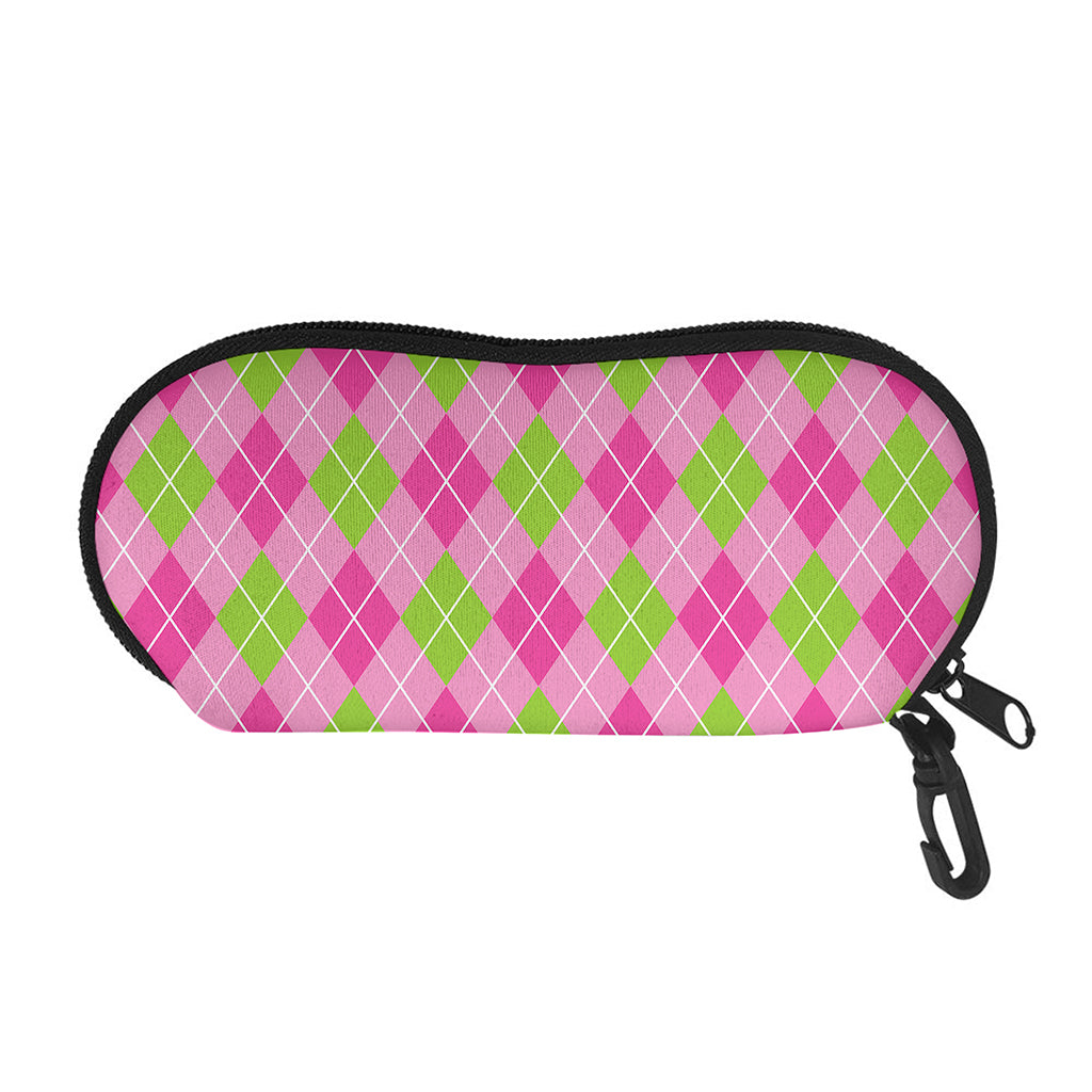 Pink And Green Argyle Pattern Print Glasses Case