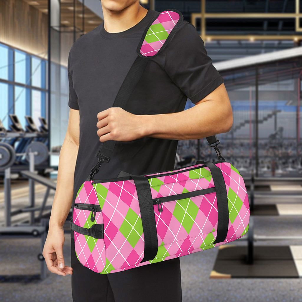 Pink And Green Argyle Pattern Print Gym Bag