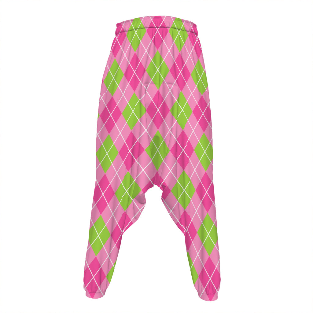 Pink And Green Argyle Pattern Print Hammer Pants