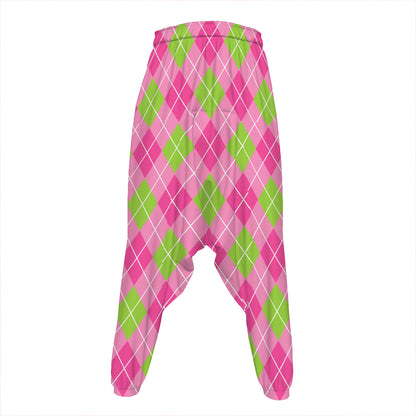 Pink And Green Argyle Pattern Print Hammer Pants
