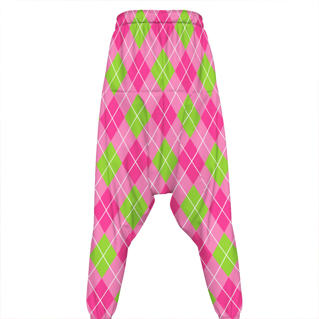 Pink And Green Argyle Pattern Print Hammer Pants
