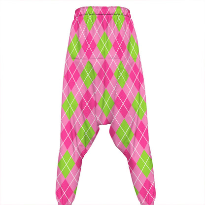 Pink And Green Argyle Pattern Print Hammer Pants