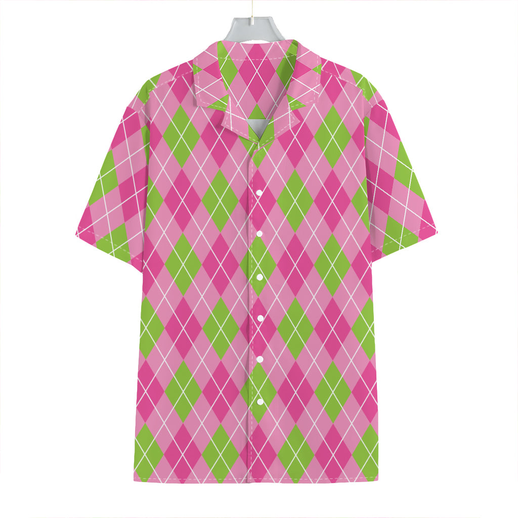 Pink And Green Argyle Pattern Print Hawaiian Shirt