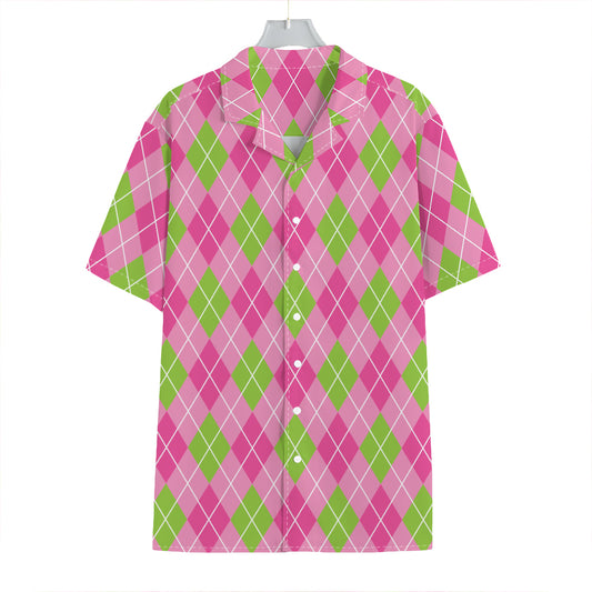 Pink And Green Argyle Pattern Print Hawaiian Shirt