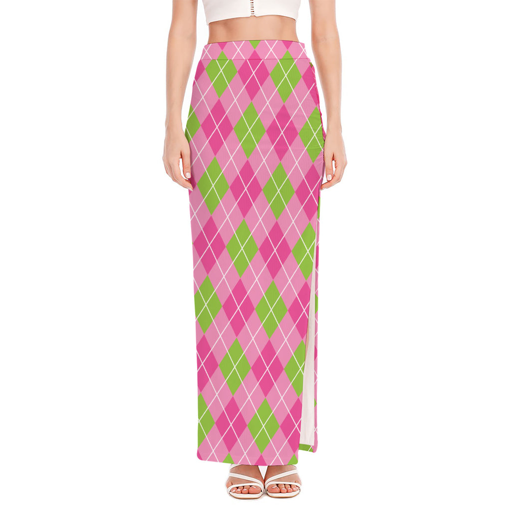 Pink And Green Argyle Pattern Print High Slit Maxi Skirt