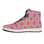 Pink And Green Argyle Pattern Print High Top Leather Sneakers