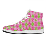 Pink And Green Argyle Pattern Print High Top Leather Sneakers