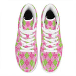 Pink And Green Argyle Pattern Print High Top Leather Sneakers
