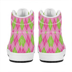 Pink And Green Argyle Pattern Print High Top Leather Sneakers