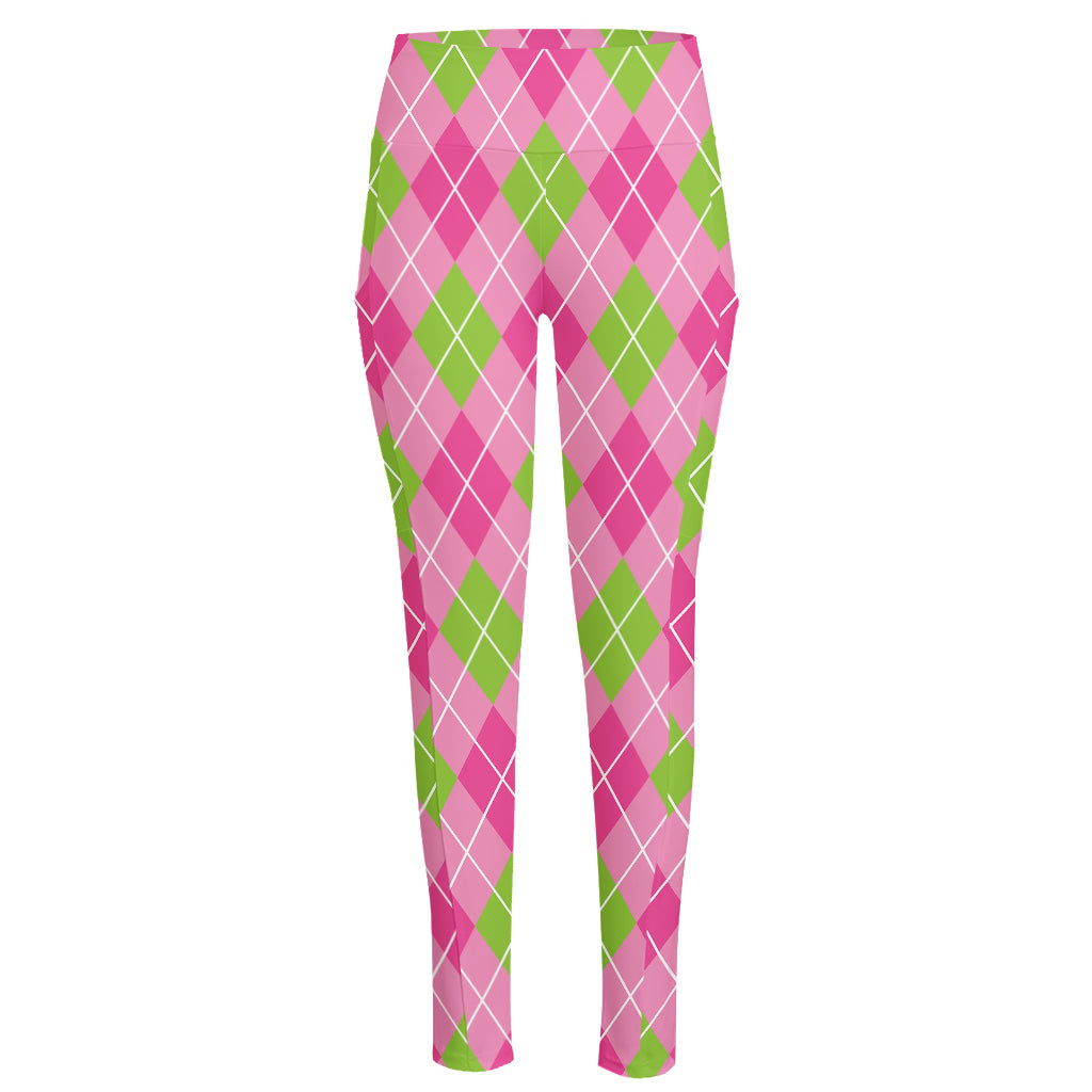 Pink And Green Argyle Pattern Print High-Waisted Pocket Leggings