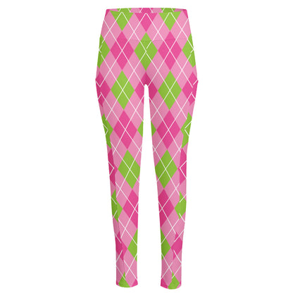 Pink And Green Argyle Pattern Print High-Waisted Pocket Leggings