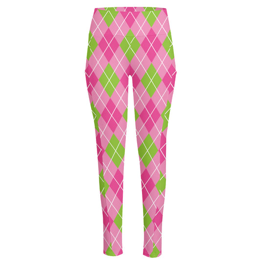 Pink And Green Argyle Pattern Print High-Waisted Pocket Leggings