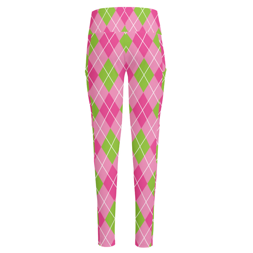 Pink And Green Argyle Pattern Print High-Waisted Pocket Leggings