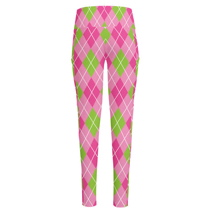 Pink And Green Argyle Pattern Print High-Waisted Pocket Leggings