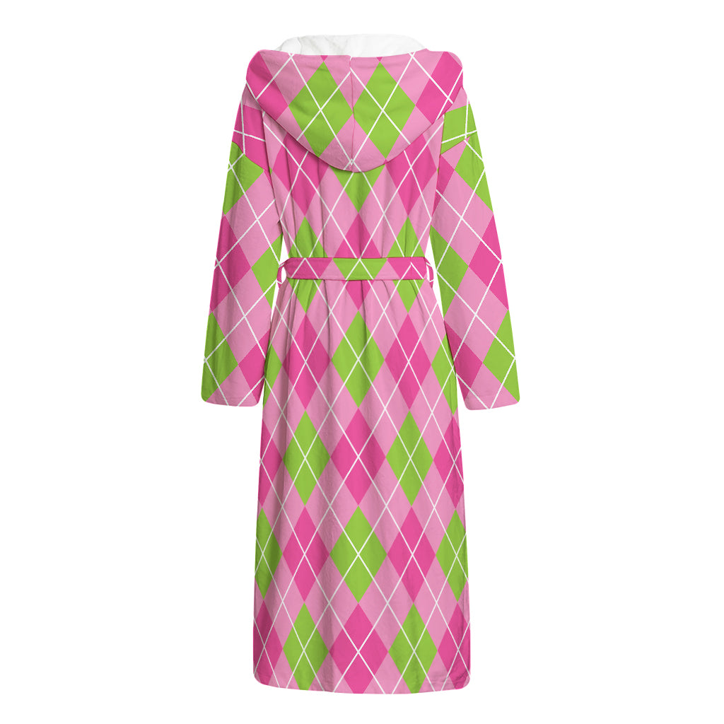 Pink And Green Argyle Pattern Print Hooded Bathrobe