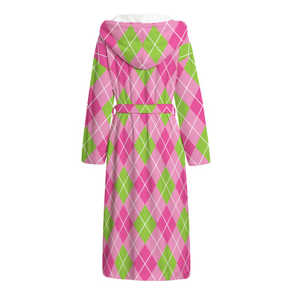 Pink And Green Argyle Pattern Print Hooded Bathrobe