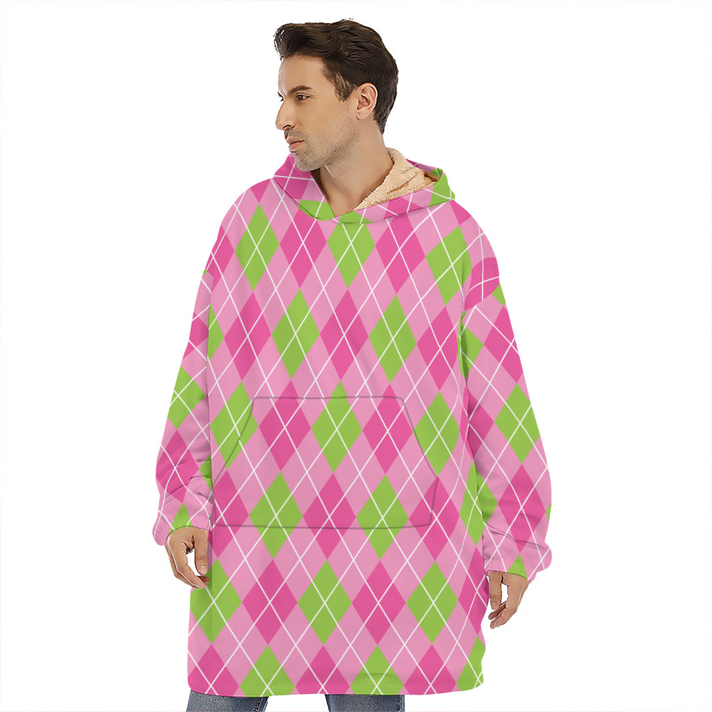 Pink And Green Argyle Pattern Print Hoodie Blanket