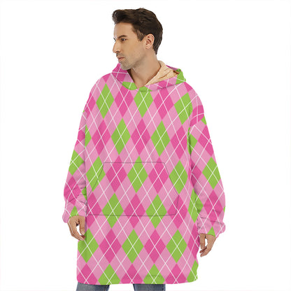 Pink And Green Argyle Pattern Print Hoodie Blanket