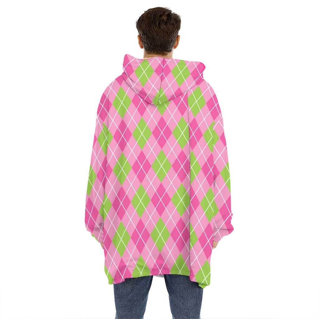 Pink And Green Argyle Pattern Print Hoodie Blanket