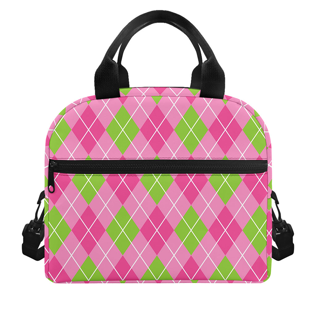 Pink And Green Argyle Pattern Print Insulated Lunch Bag