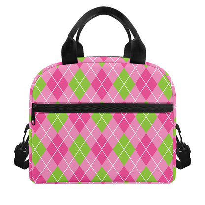 Pink And Green Argyle Pattern Print Insulated Lunch Bag
