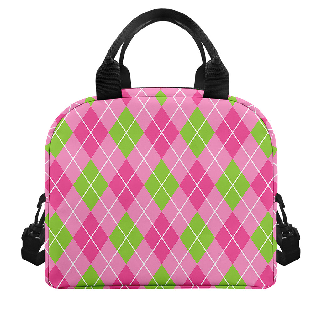 Pink And Green Argyle Pattern Print Insulated Lunch Bag