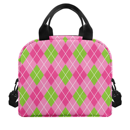 Pink And Green Argyle Pattern Print Insulated Lunch Bag