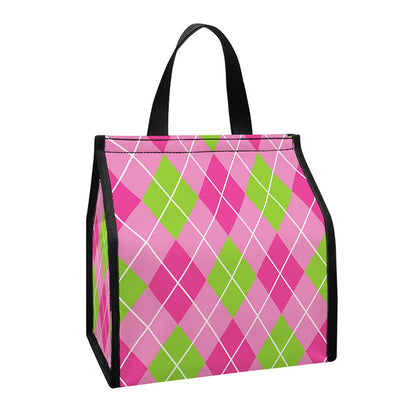 Pink And Green Argyle Pattern Print Insulated Lunch Tote