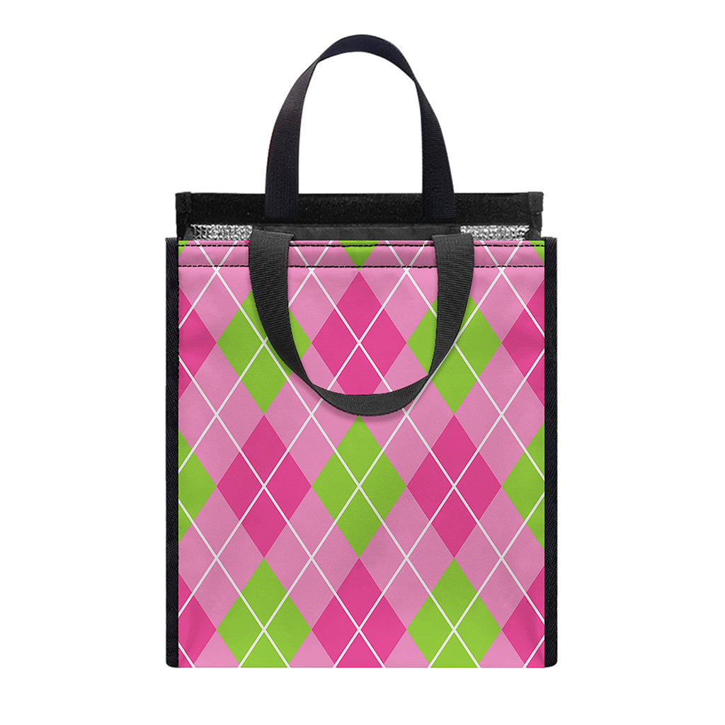 Pink And Green Argyle Pattern Print Insulated Lunch Tote
