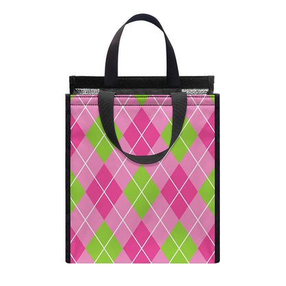 Pink And Green Argyle Pattern Print Insulated Lunch Tote